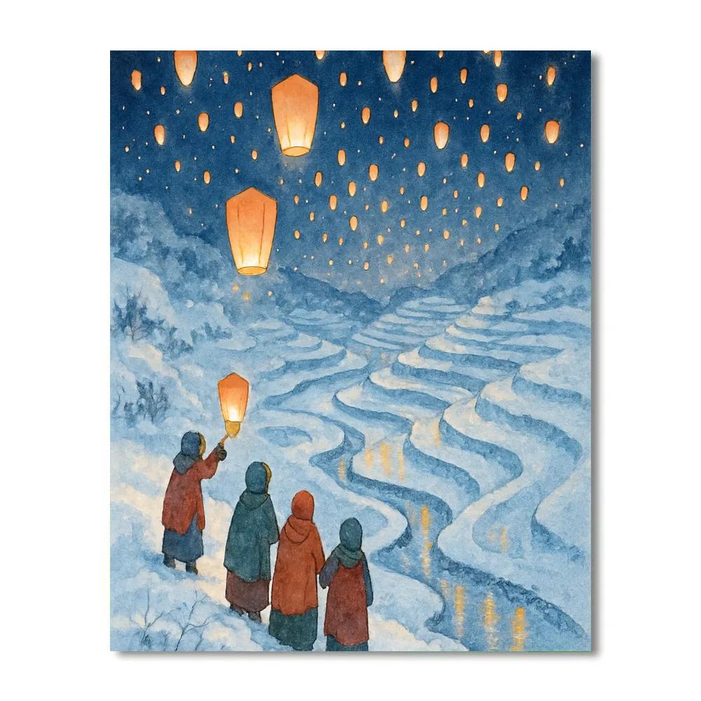 Holiday Sky Lanterns Over Frosted Rice Fields DIY paint by numbers