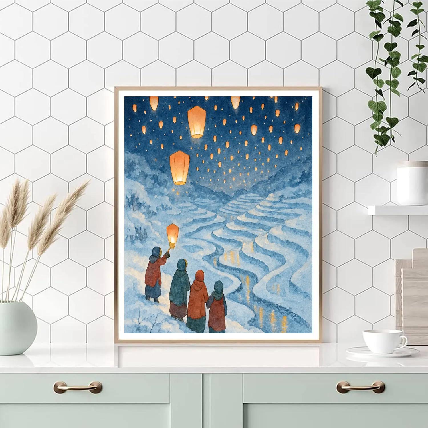 Holiday Sky Lanterns Over Frosted Rice Fields DIY paint by numbers