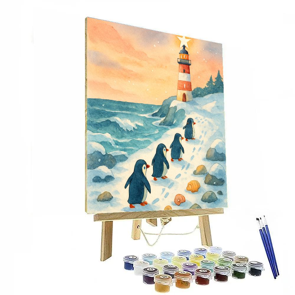 Christmas Winter Penguin Lighthouse March Number painting