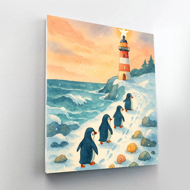 Christmas Winter Penguin Lighthouse March Number painting