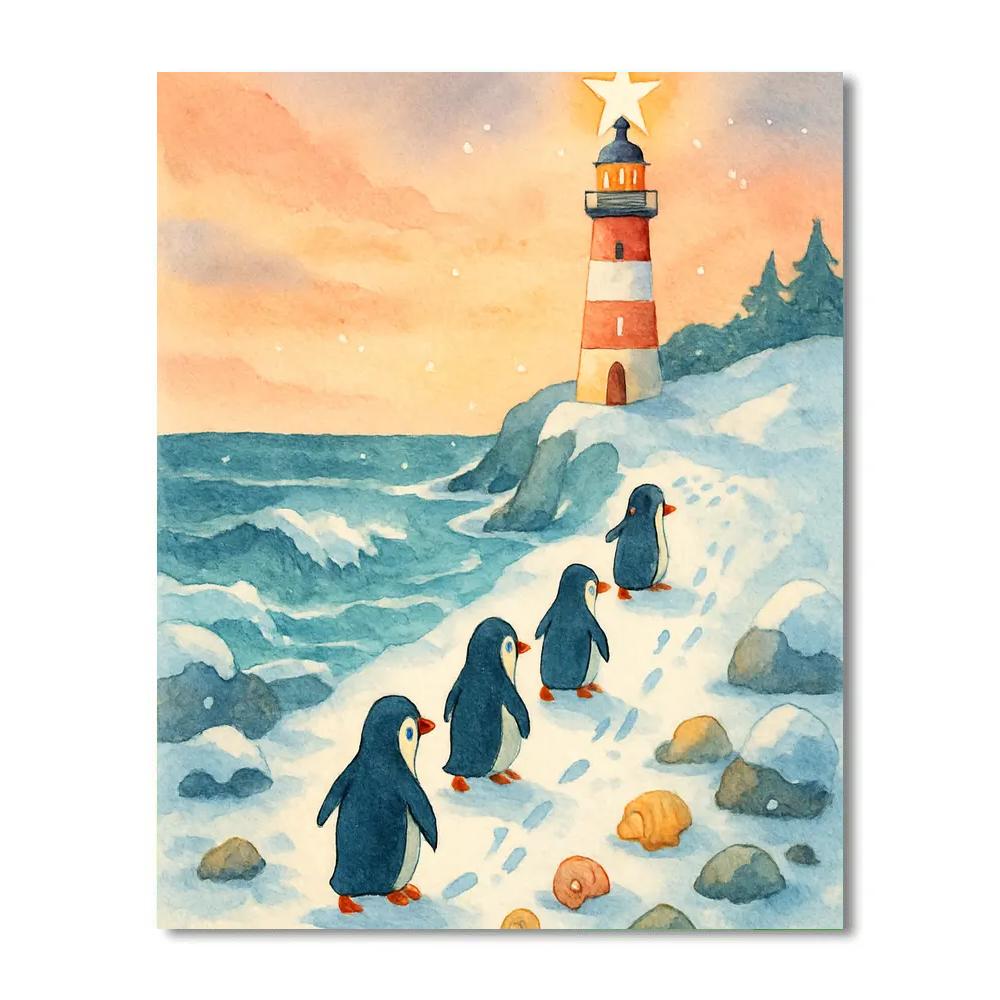 Christmas Winter Penguin Lighthouse March Number painting