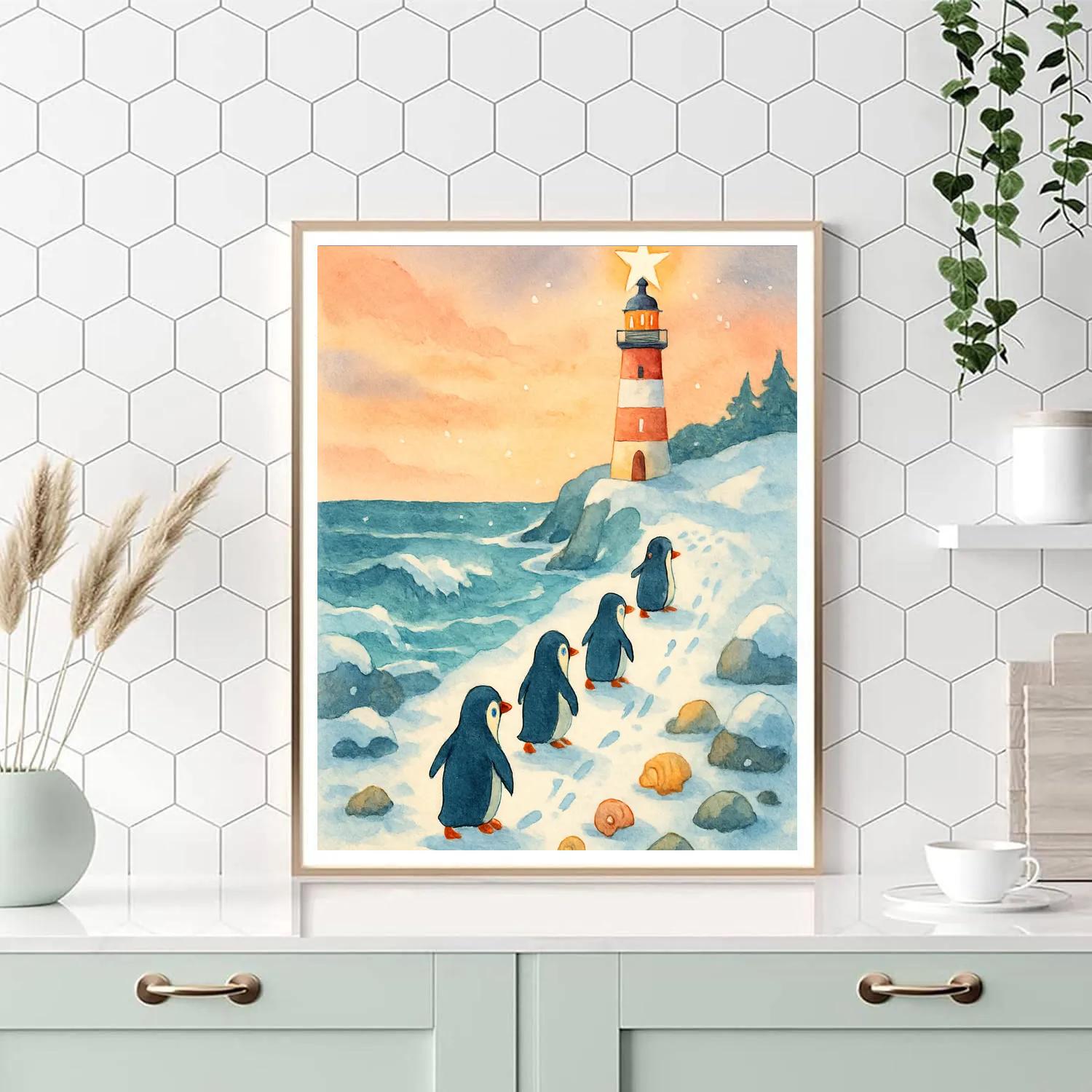 Christmas Winter Penguin Lighthouse March Number painting