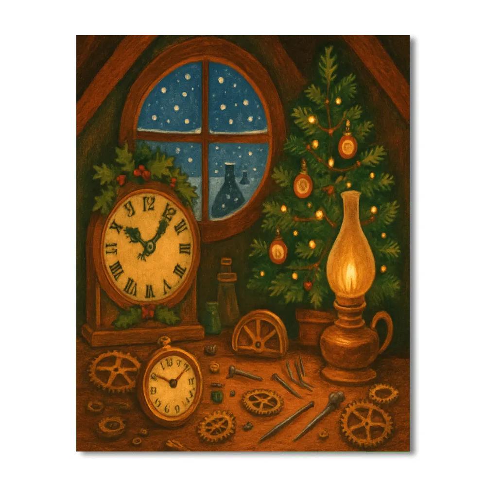 Snowy Clockmaker Attic At Christmas Numbered painting kits