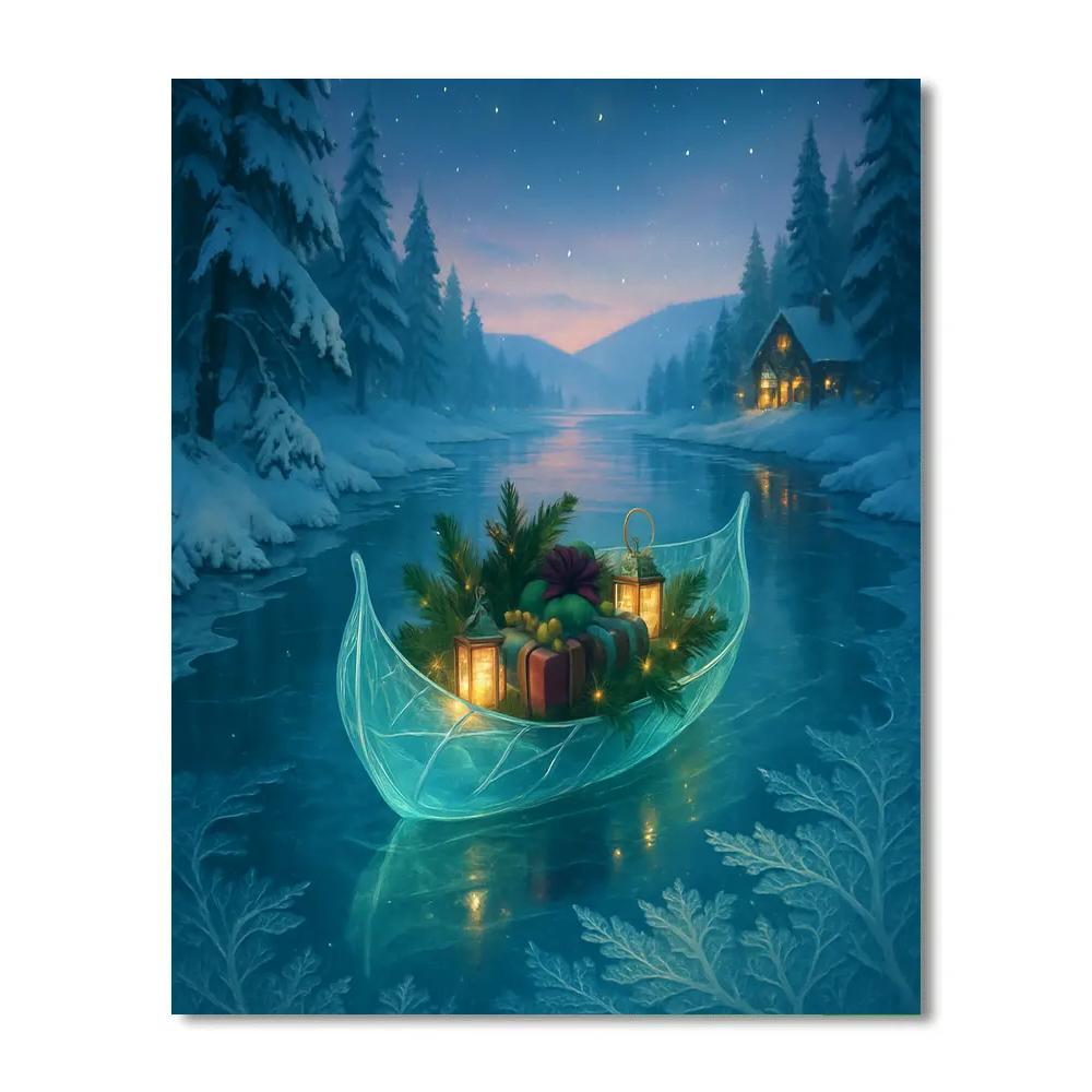 Christmas Winter Glass Boat On Crystal River paint by color