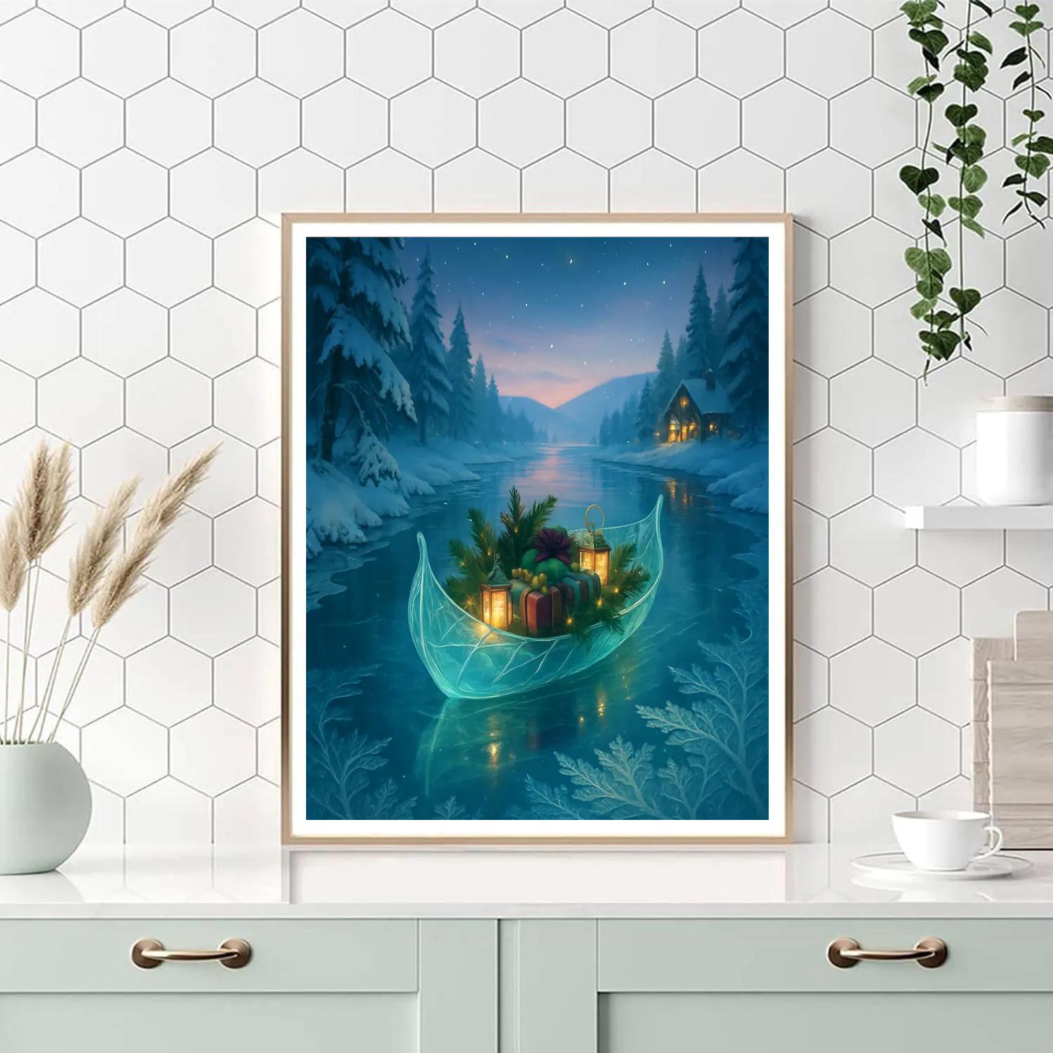 Christmas Winter Glass Boat On Crystal River paint by color