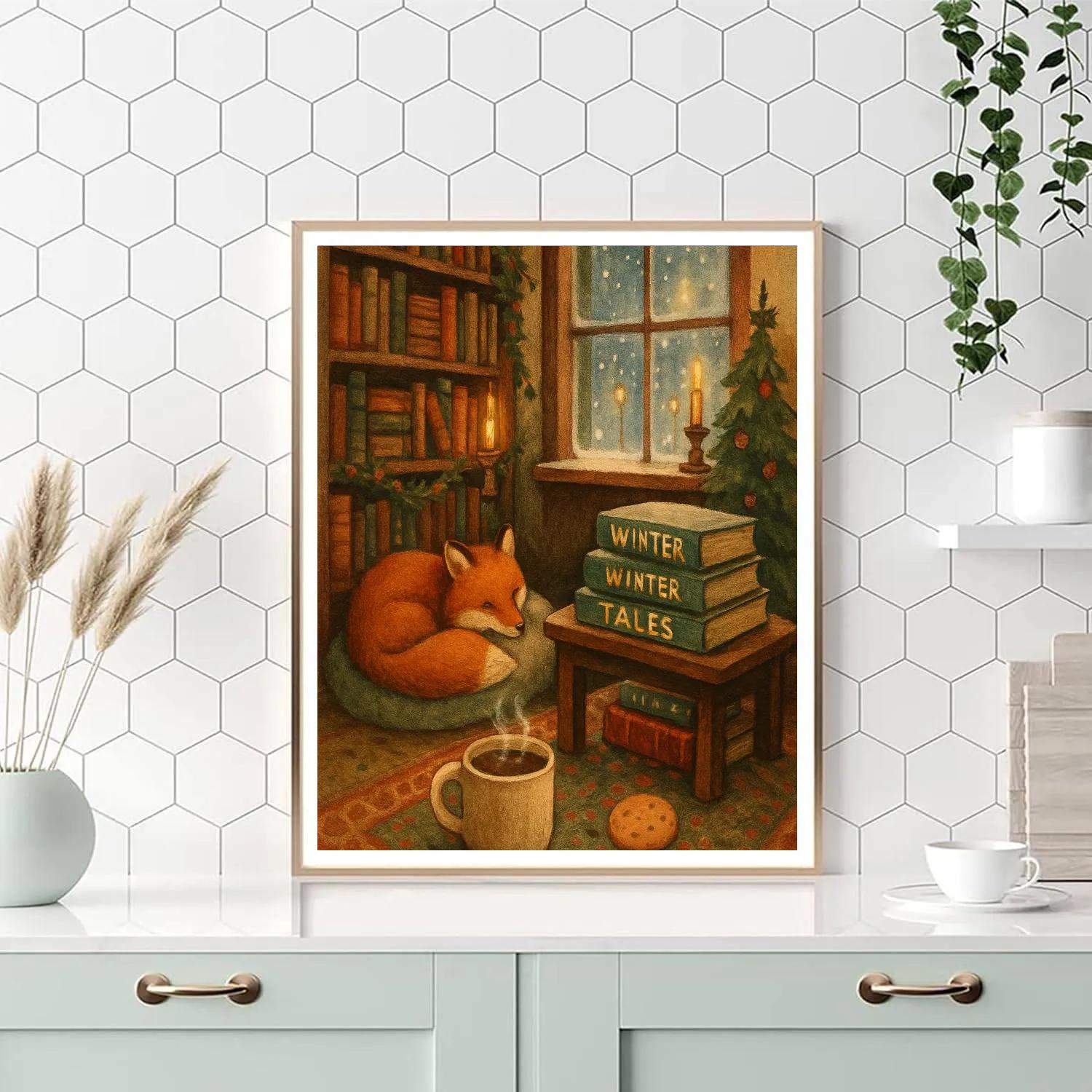 Holiday Sleepy Fox Bookshop Corner Paint by numbers art
