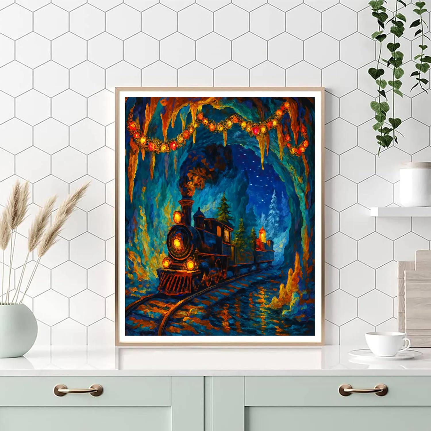 Holiday Train Through Christmas Winter Cave Number painting