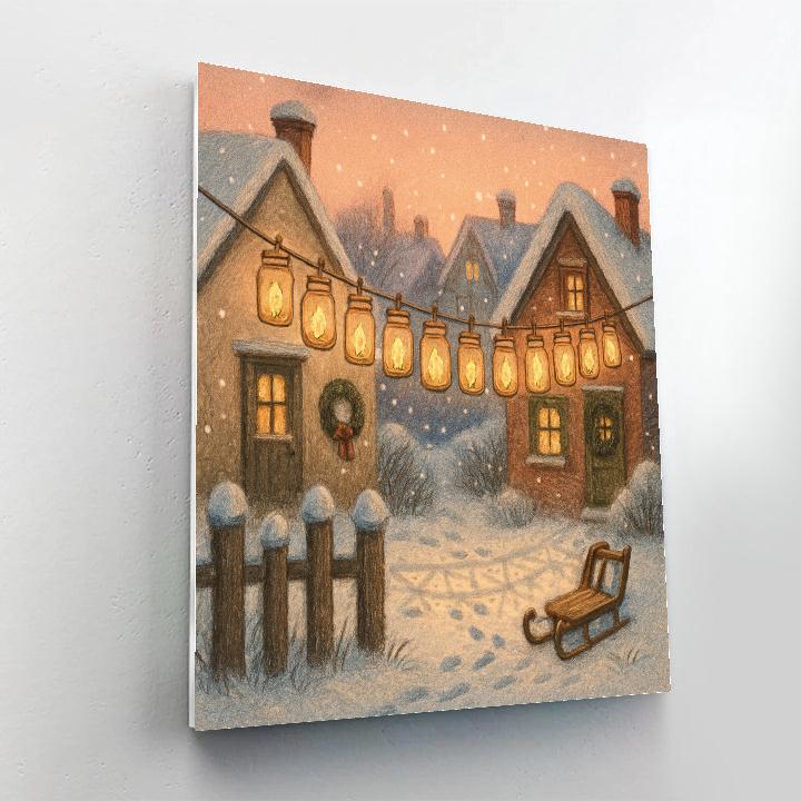 Snowy Village Candlelit Laundry Line Painting by numbers kit