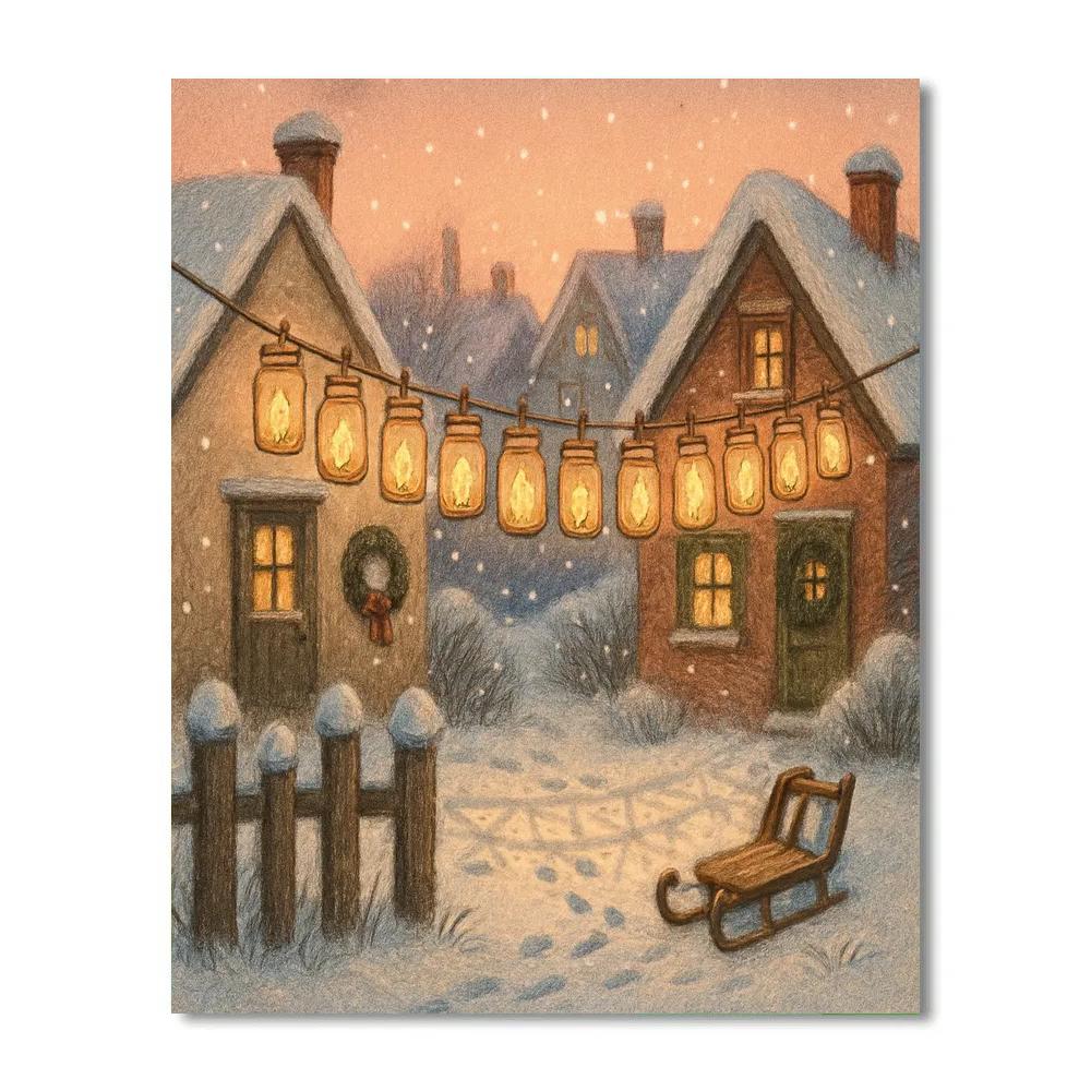 Snowy Village Candlelit Laundry Line Painting by numbers kit