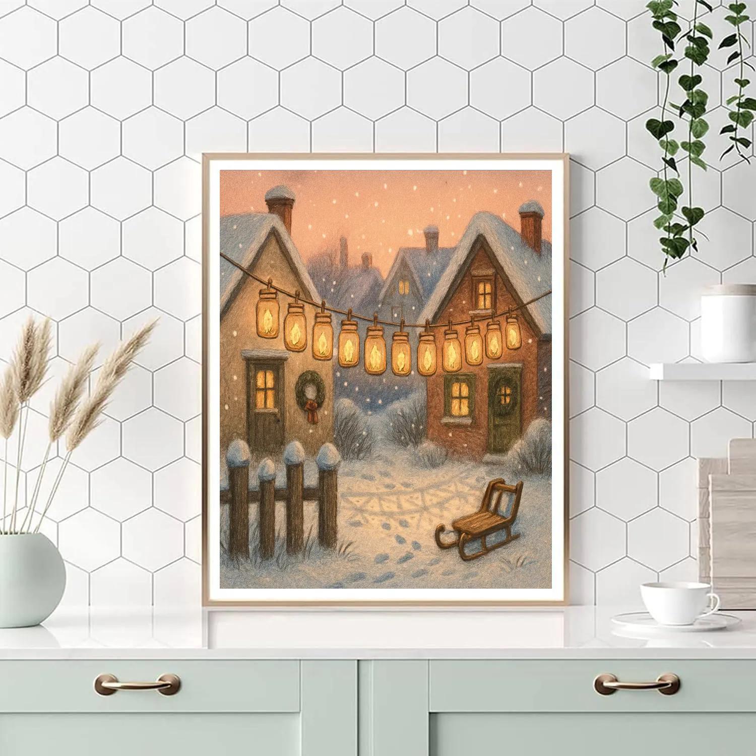 Snowy Village Candlelit Laundry Line Painting by numbers kit