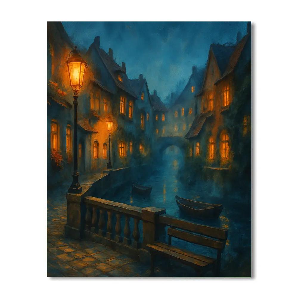 Lantern Glow Over Riverside Town paint by color