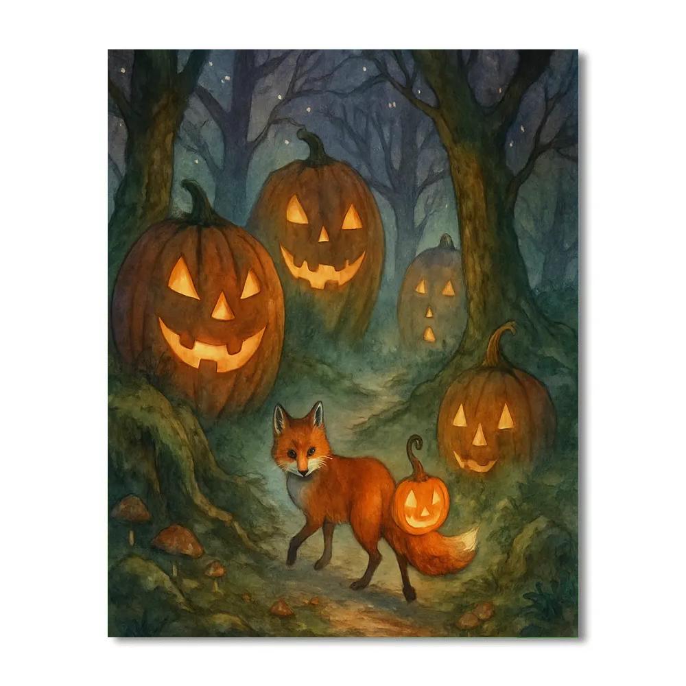 Lantern Fox In The Enchanted Pumpkin Grove paint by number