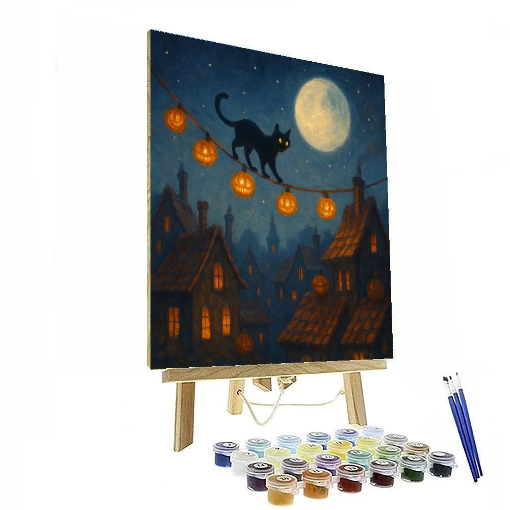 Black Cat Over The Rooftop Lantern Trail paint by number