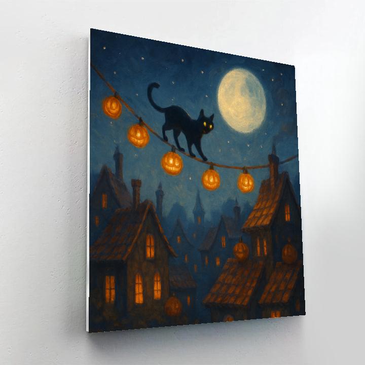 Black Cat Over The Rooftop Lantern Trail paint by number