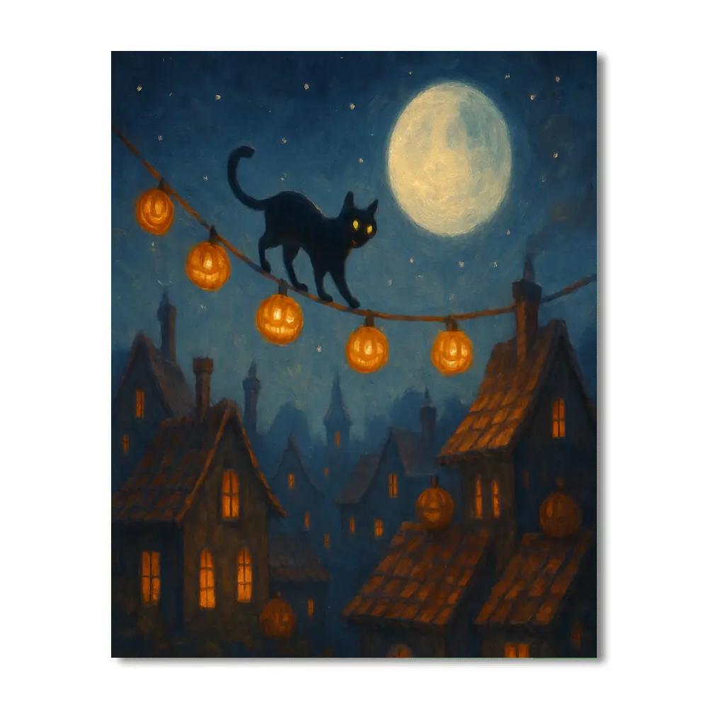 Black Cat Over The Rooftop Lantern Trail paint by number
