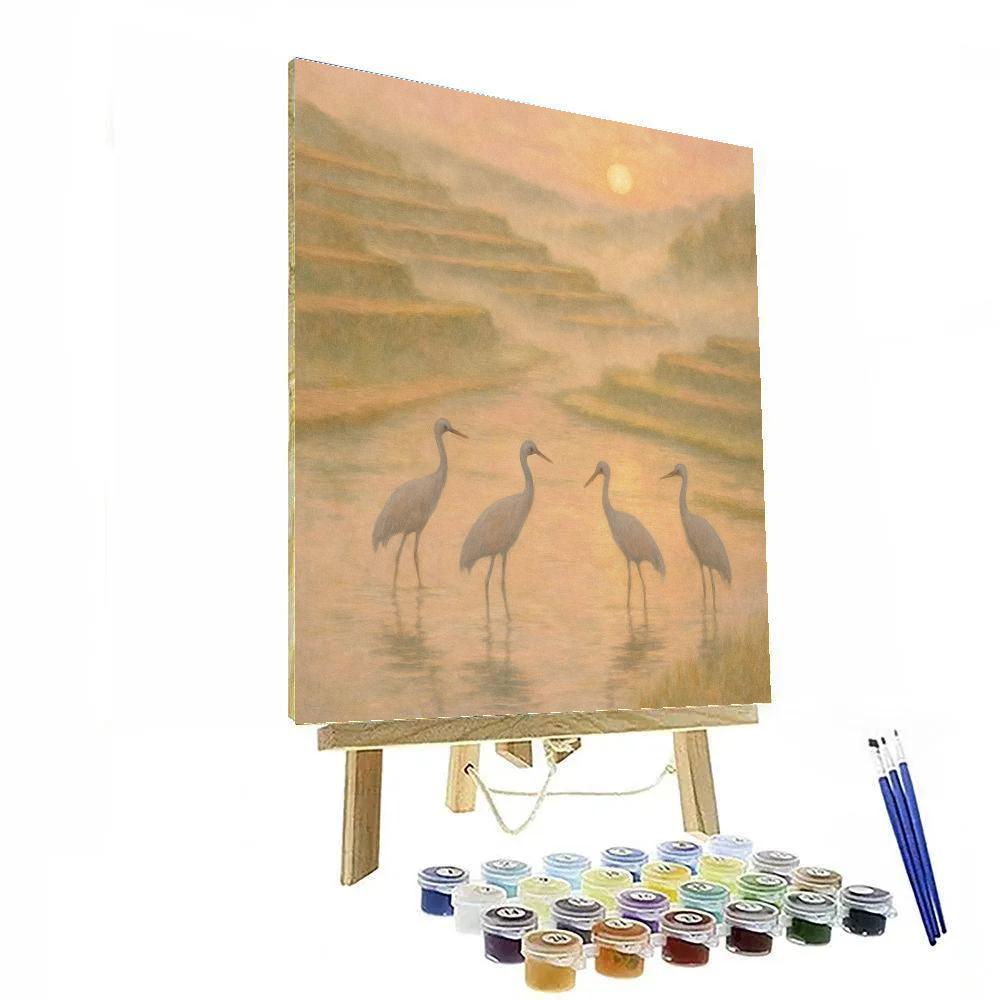 Cranes At The Misty Rice Terrace Dawn Painting by numbers kit