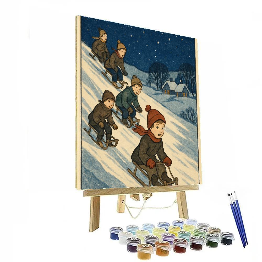 Children Sledding On Starlit Hill DIY paint by numbers