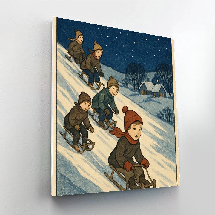 Children Sledding On Starlit Hill DIY paint by numbers