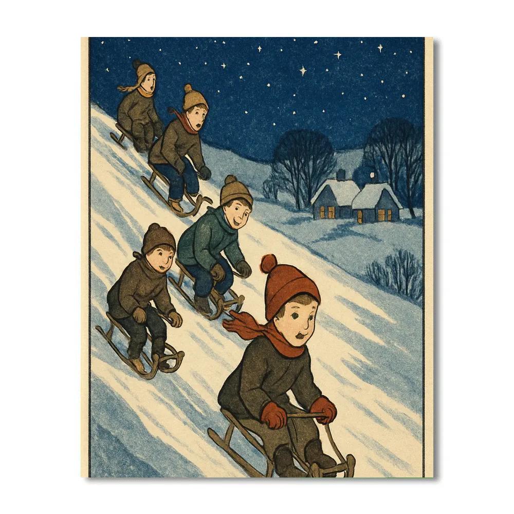 Children Sledding On Starlit Hill DIY paint by numbers