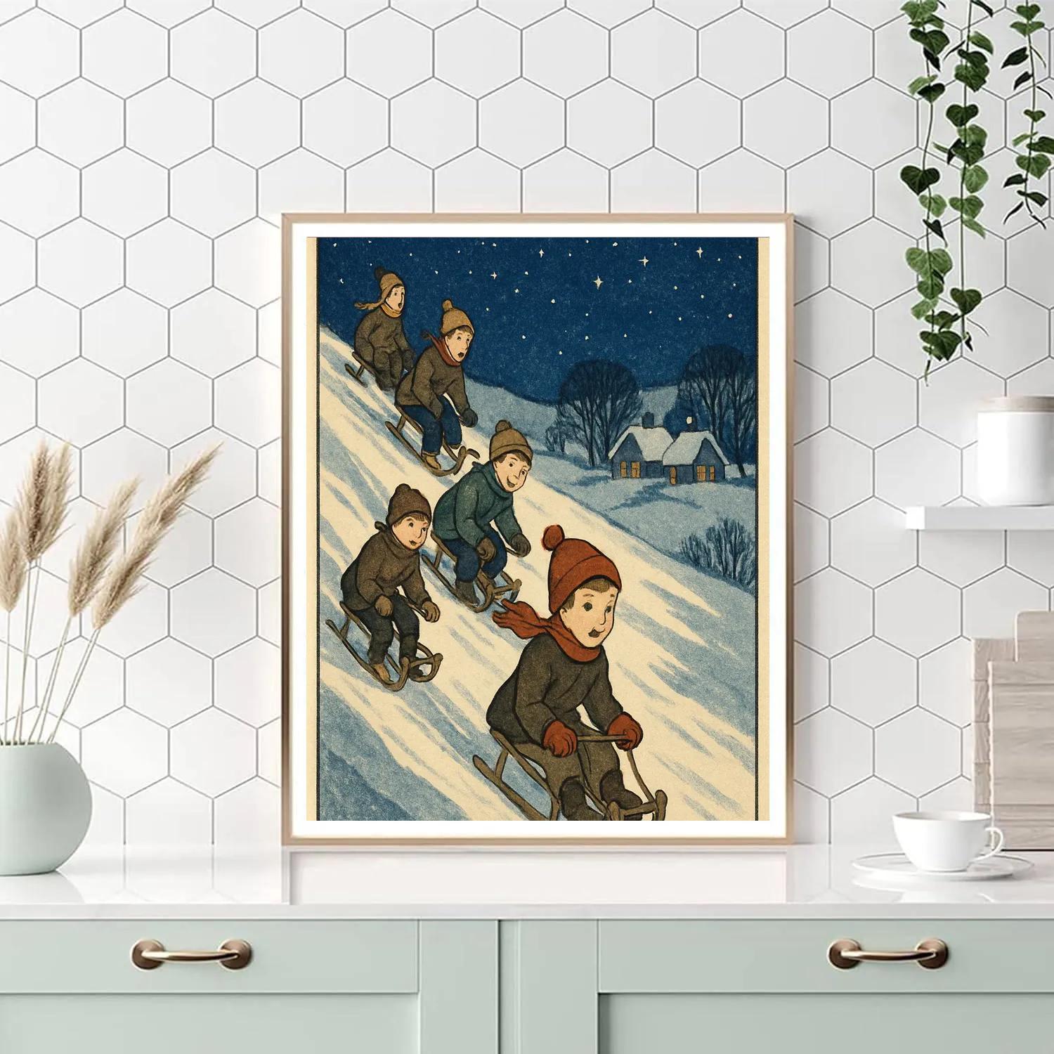 Children Sledding On Starlit Hill DIY paint by numbers