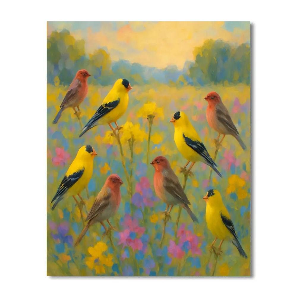 Finches Among The Sunlit Wildflower Quilt Numbered painting kits