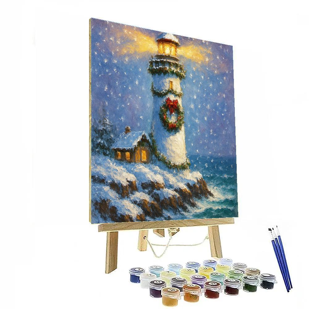 Snowy Lighthouse With Wreath Of The North Sea paint by color