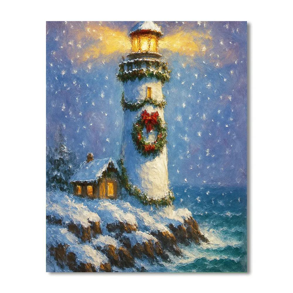Snowy Lighthouse With Wreath Of The North Sea paint by color