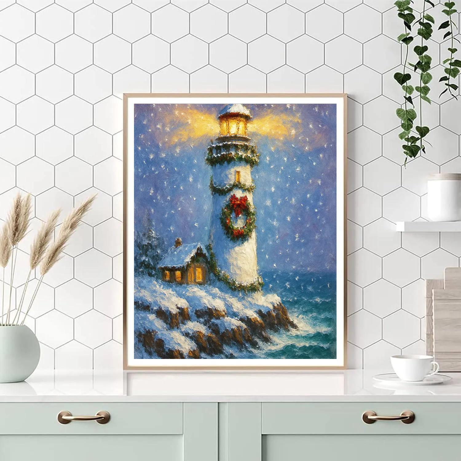 Snowy Lighthouse With Wreath Of The North Sea paint by color