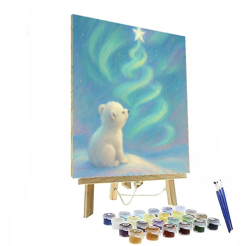 Polar Bear Cub By The Aurora Christmas Tree Painting by numbers kit