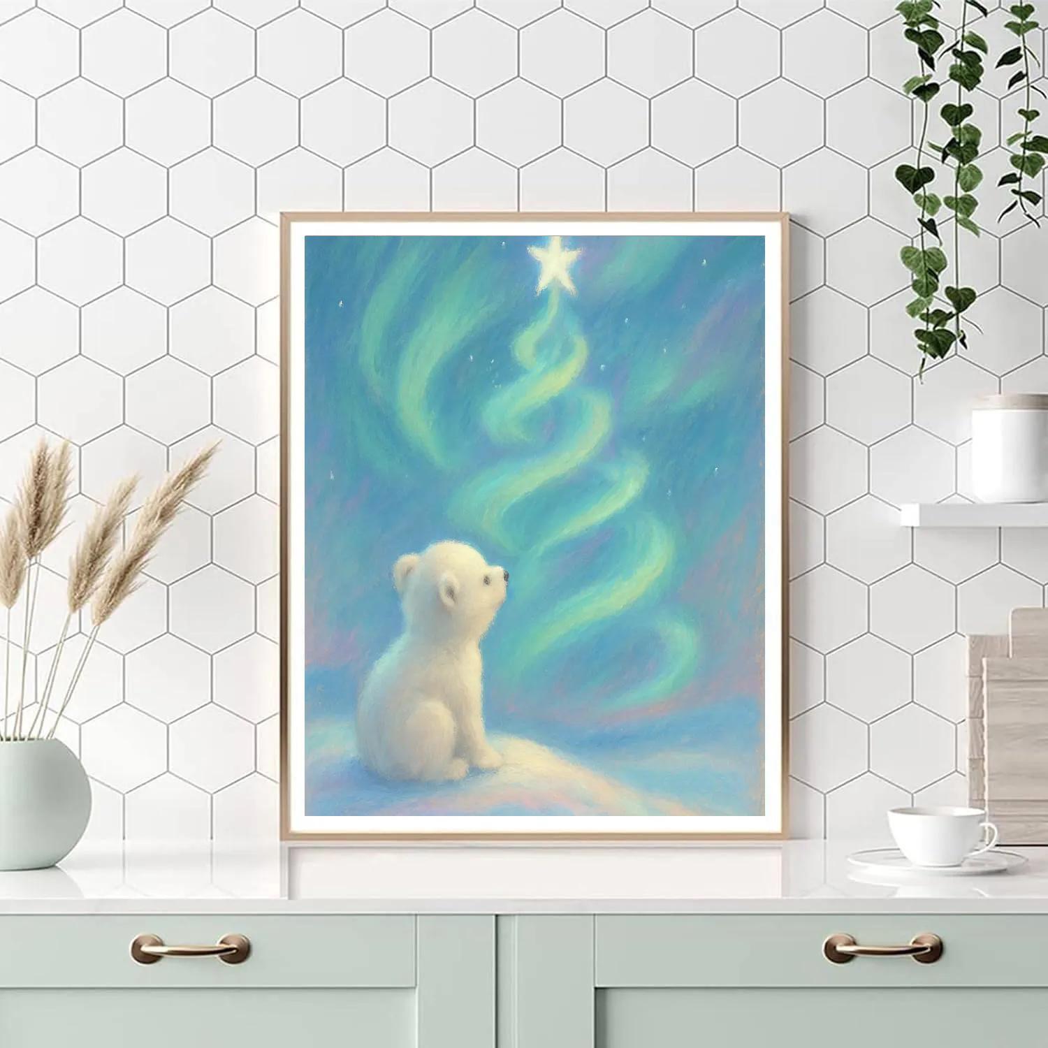 Polar Bear Cub By The Aurora Christmas Tree Painting by numbers kit