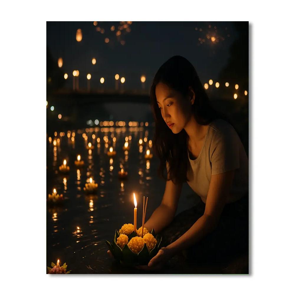 Loi Krathong Offerings On Ping River Chiang Mai paint by color