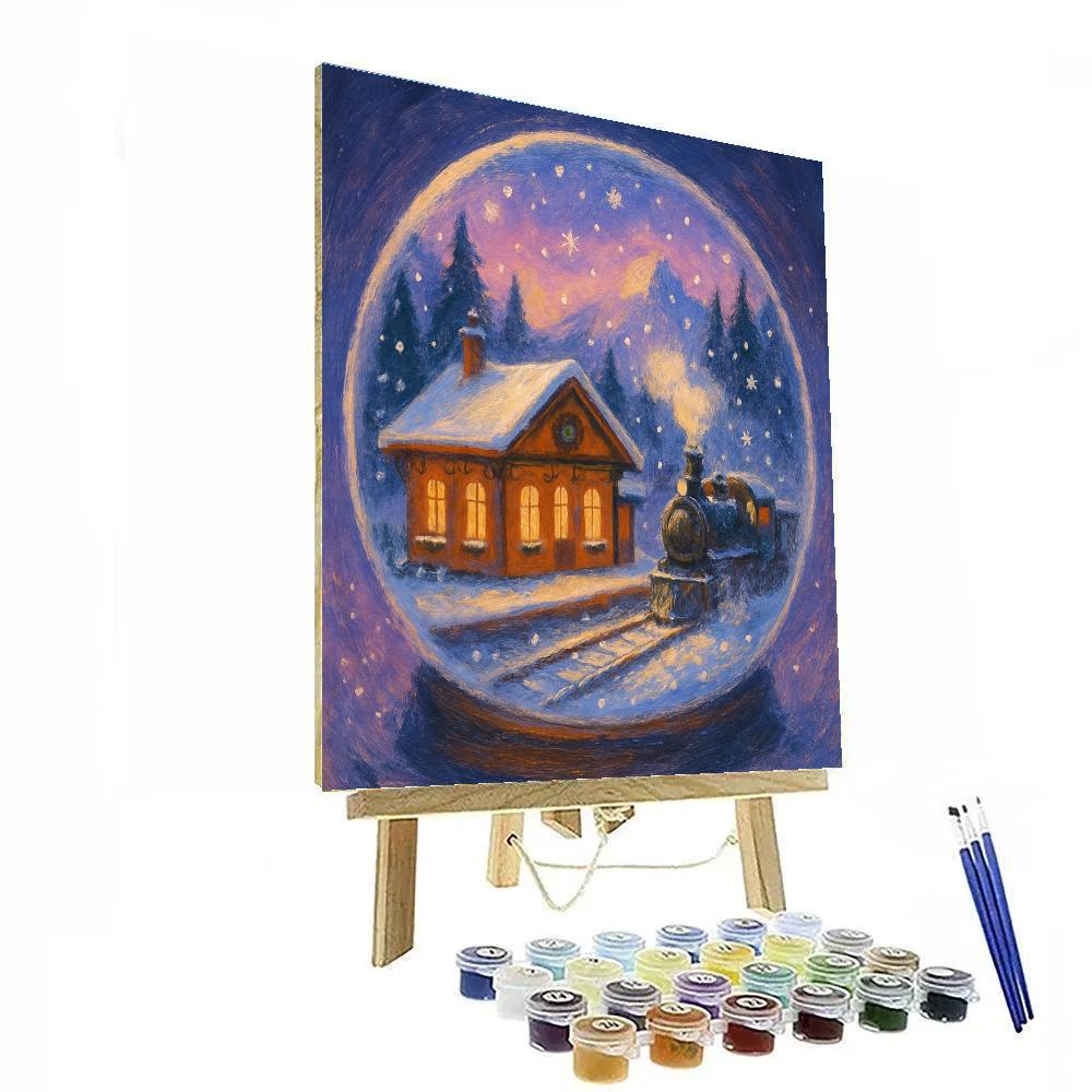 Snow Globe Train Station At Holiday Twilight paint by number