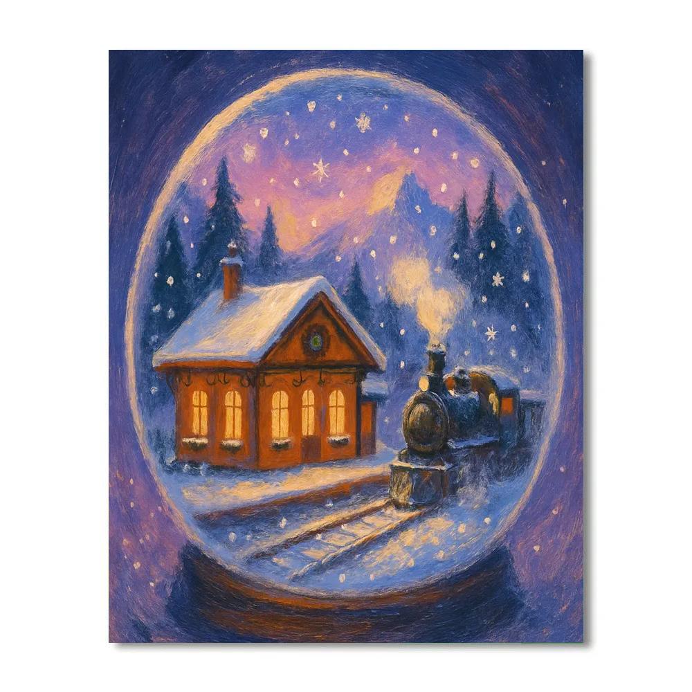 Snow Globe Train Station At Holiday Twilight paint by number