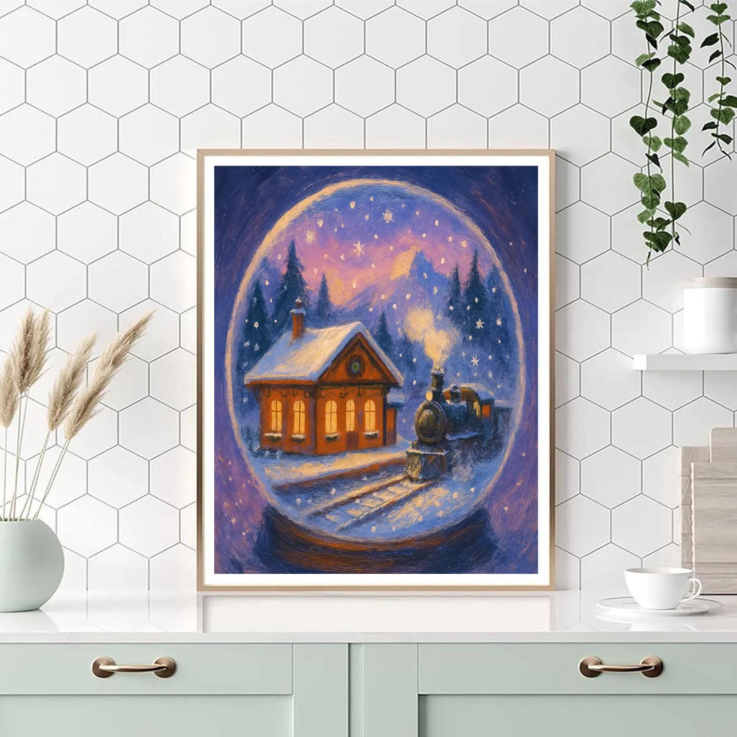 Snow Globe Train Station At Holiday Twilight paint by number