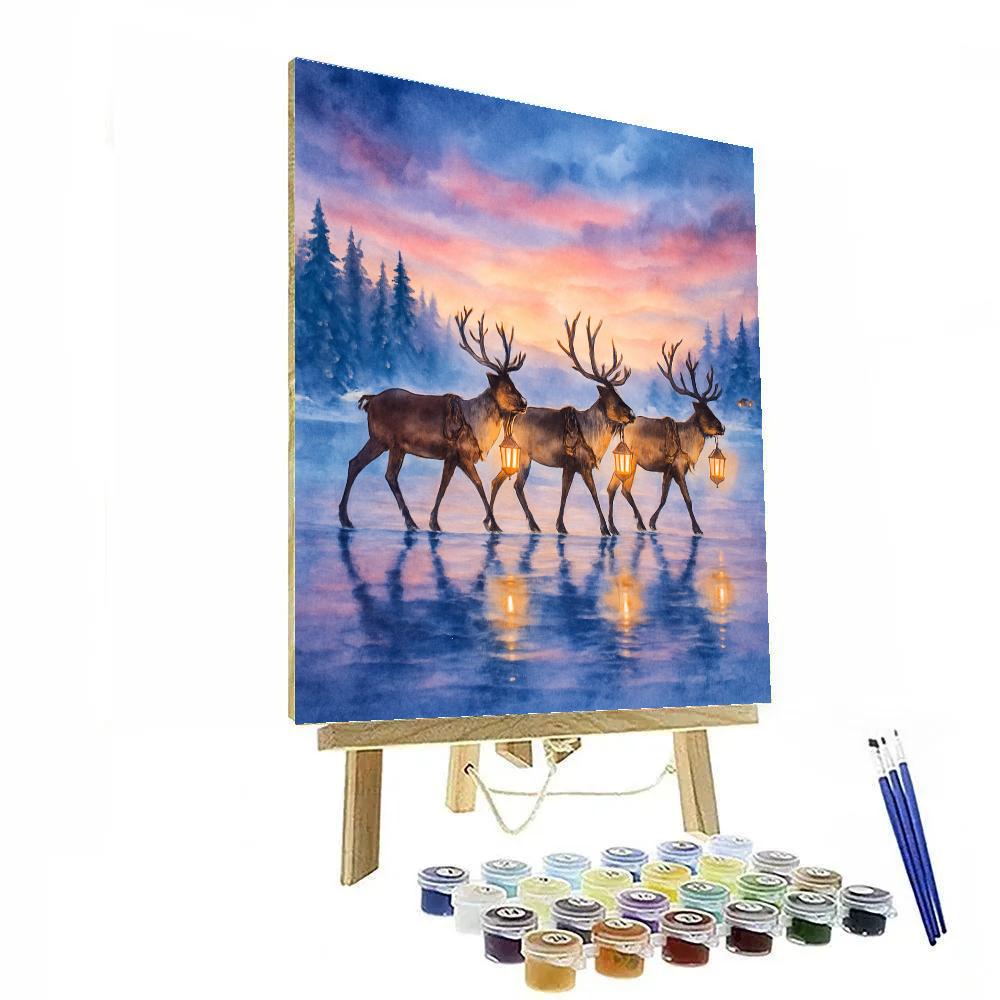 Reindeer Lantern Parade On Frozen Lake paint by numbers