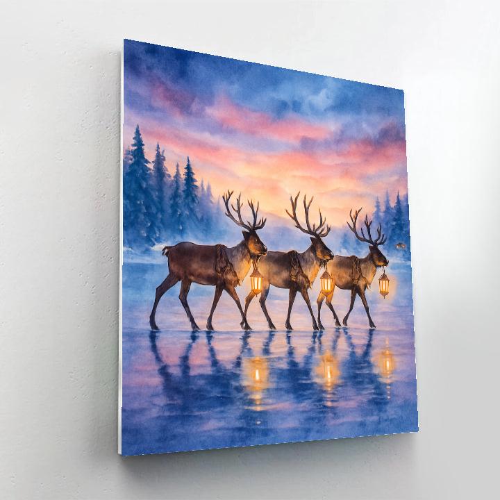 Reindeer Lantern Parade On Frozen Lake paint by numbers