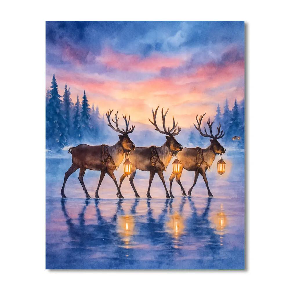 Reindeer Lantern Parade On Frozen Lake paint by numbers