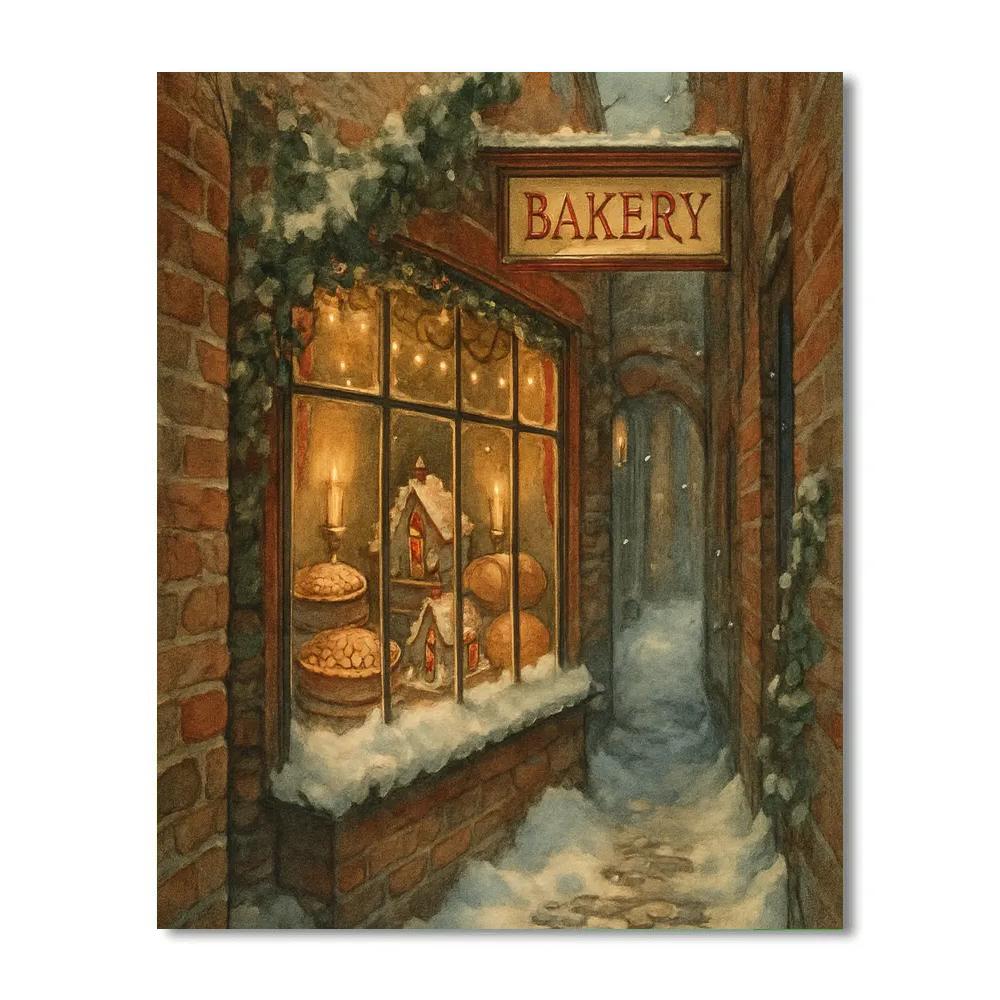 Christmas Bakery Window In The Snowy Alley Painting by numbers kit