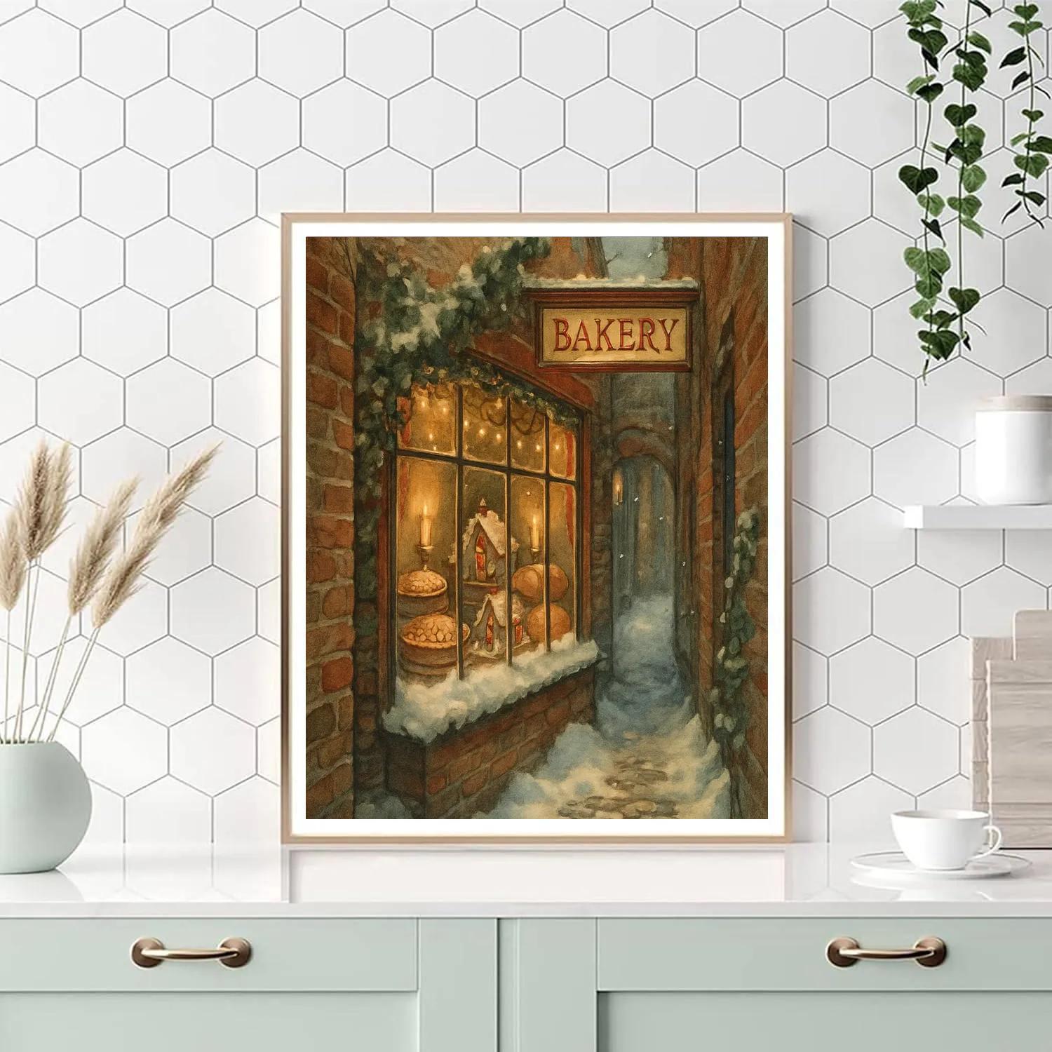 Christmas Bakery Window In The Snowy Alley Painting by numbers kit