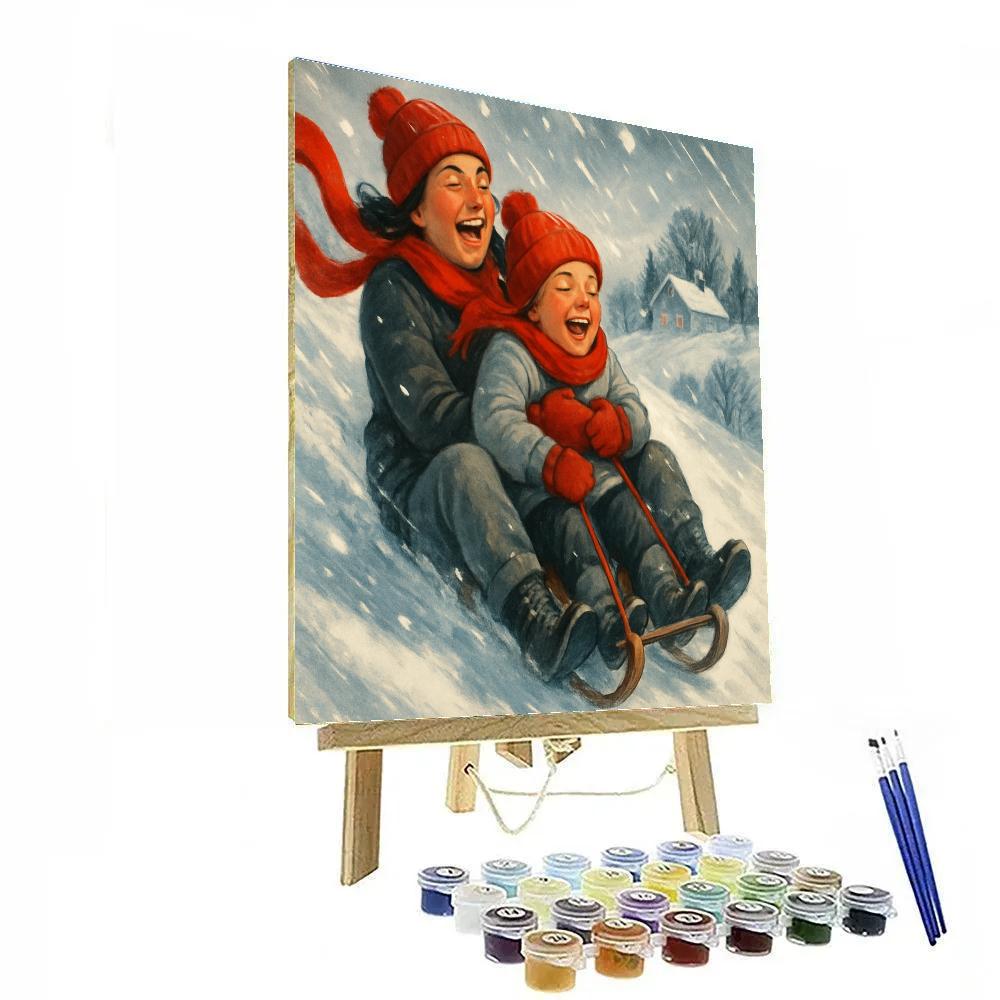 Snowy Hill Sled Ride With Mom Painting by numbers kit