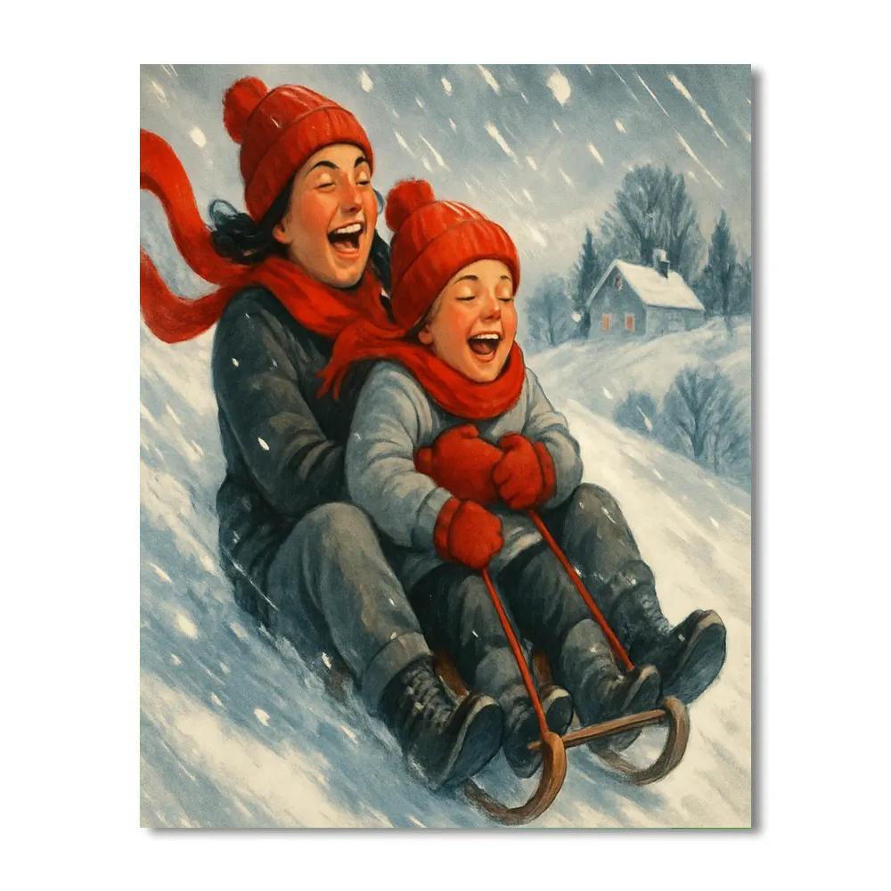 Snowy Hill Sled Ride With Mom Painting by numbers kit