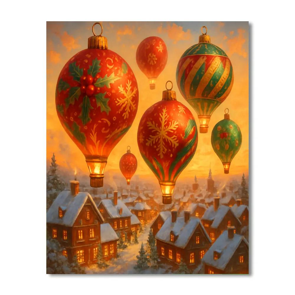Holiday Hot Air Balloons Over Winter Town paint by numbers