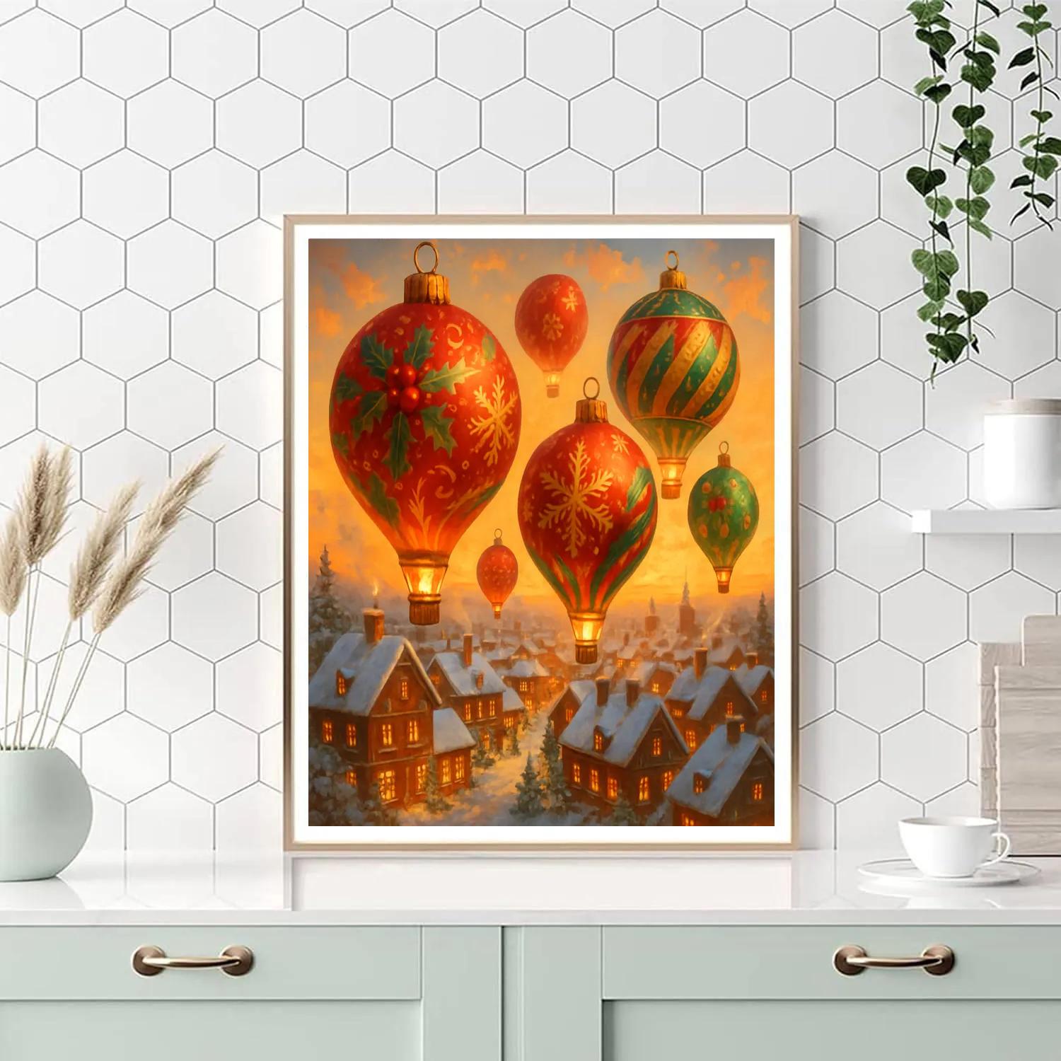 Holiday Hot Air Balloons Over Winter Town paint by numbers