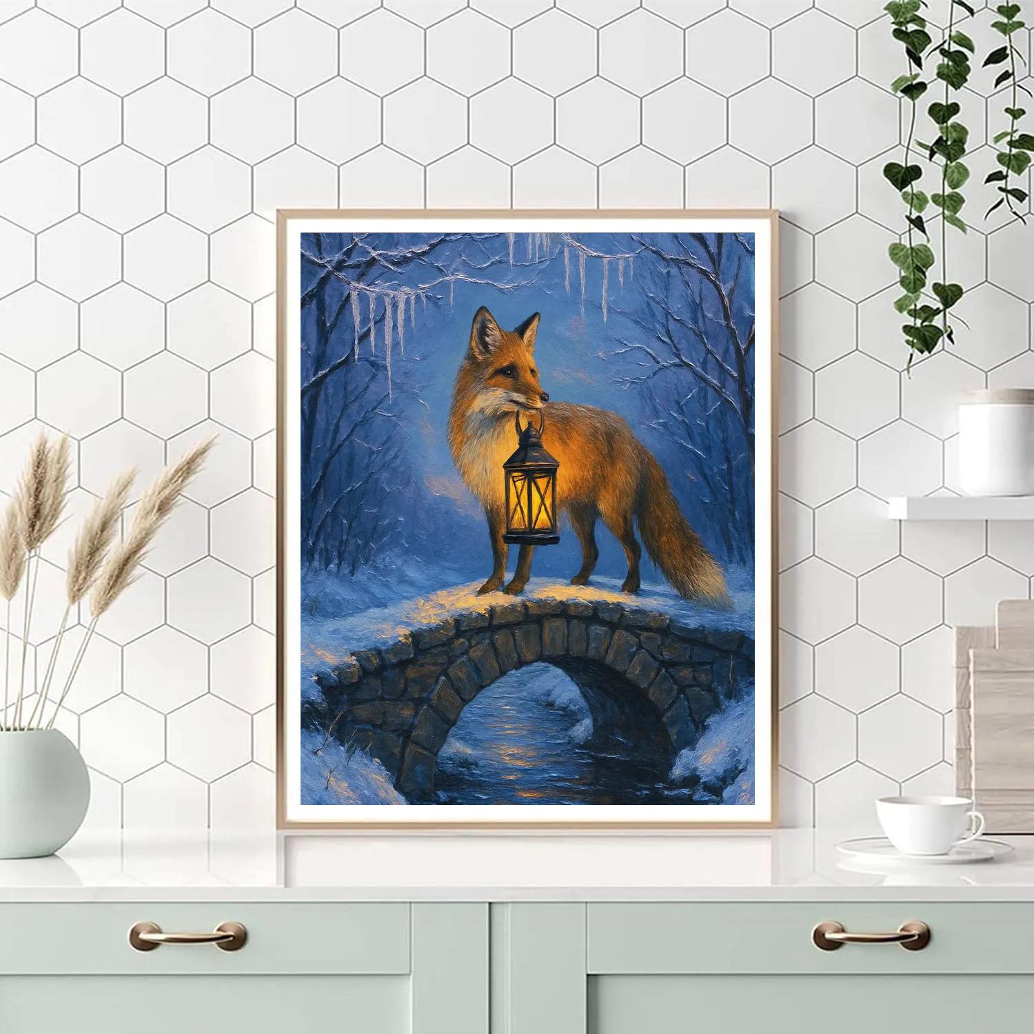 Christmas Lantern Fox On The Winter Bridge painting number kit