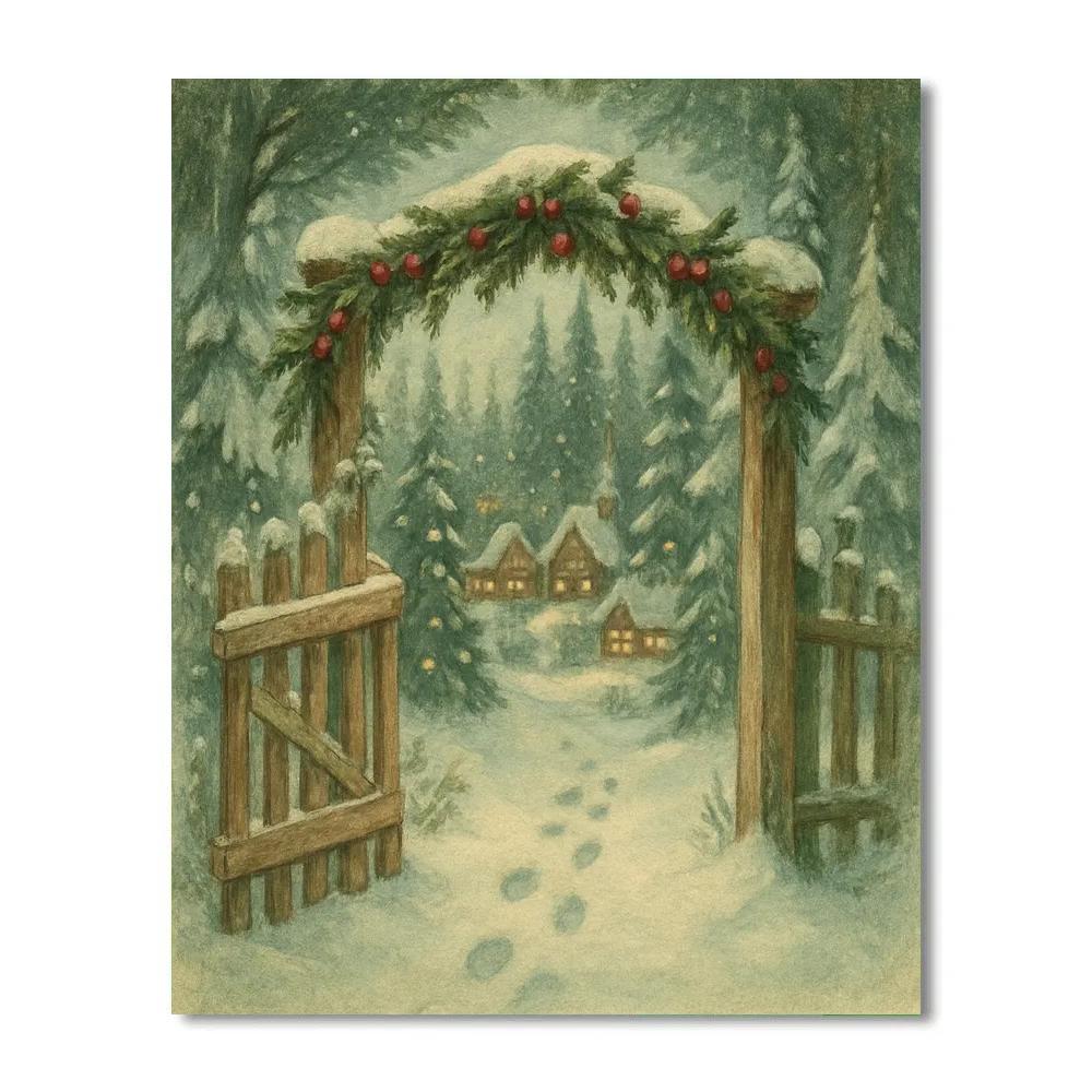 Snowy Forest Gate To The Holiday Village painting number kit