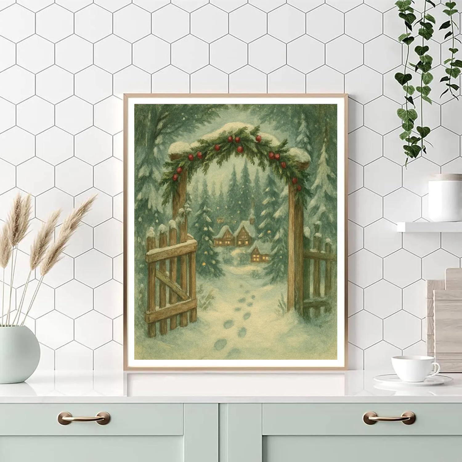Snowy Forest Gate To The Holiday Village painting number kit