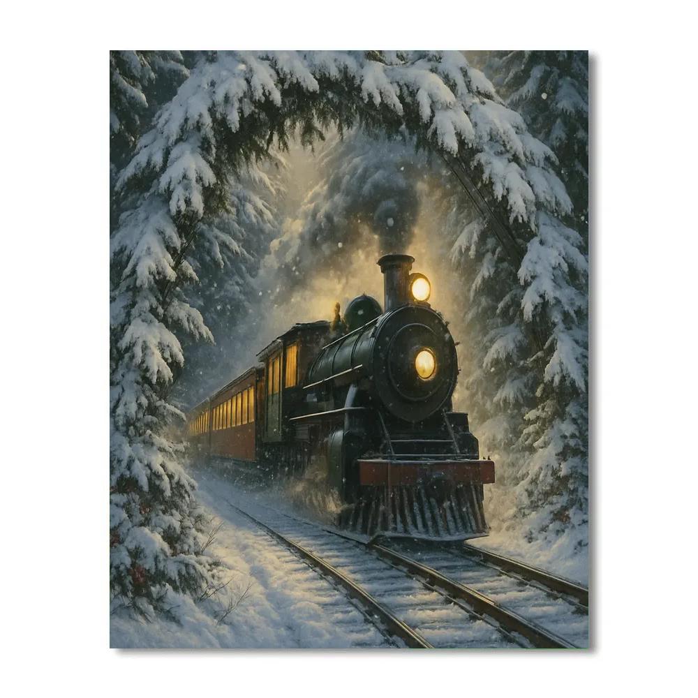 Winter Train Through The Evergreen Tunnel paint by number