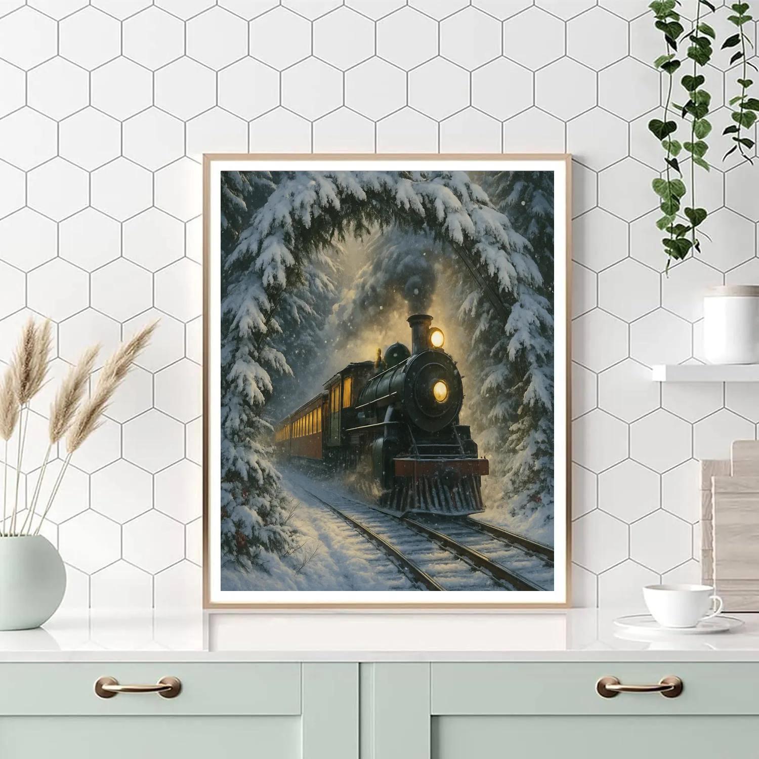 Winter Train Through The Evergreen Tunnel paint by number