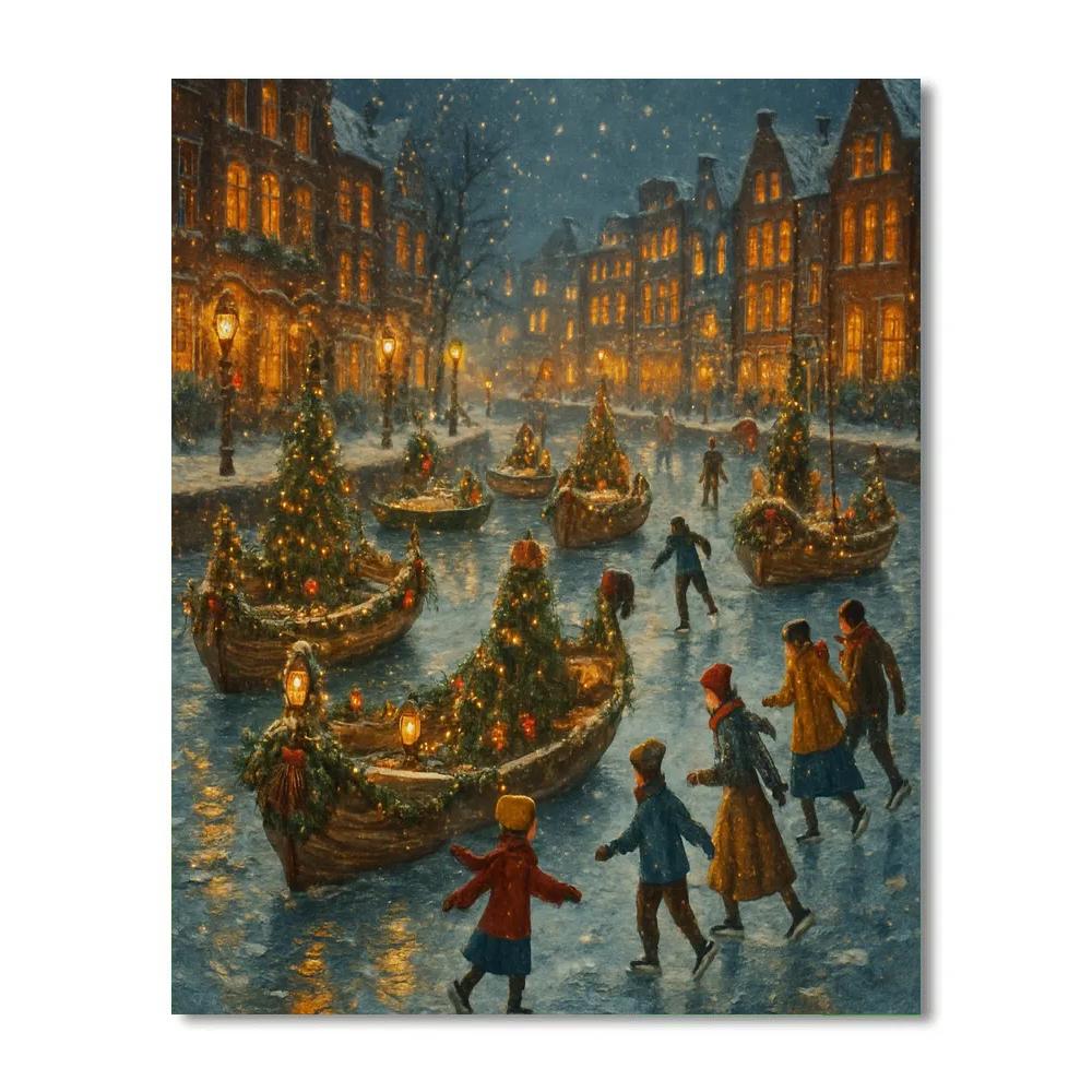 Christmas Boat Parade On Frozen Canal paint by numbers