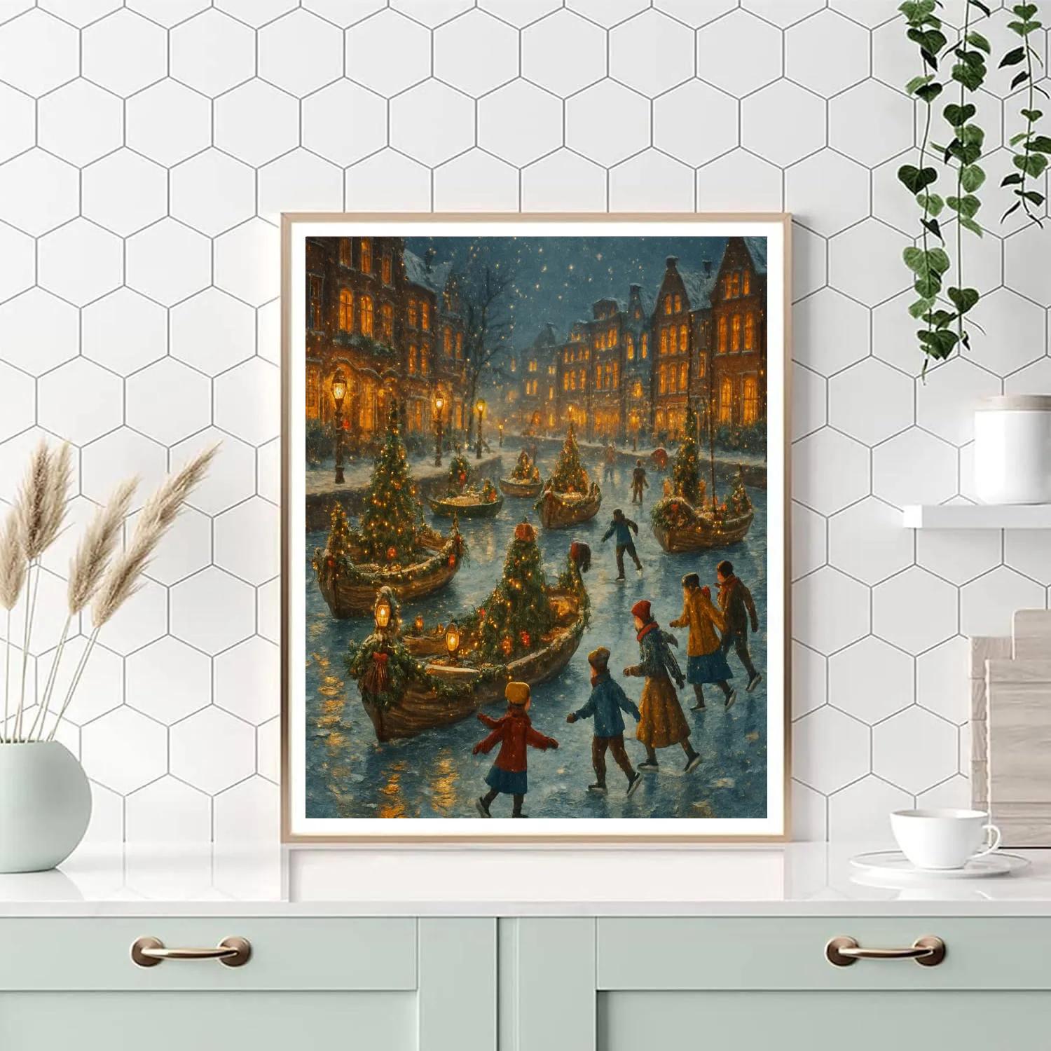 Christmas Boat Parade On Frozen Canal paint by numbers